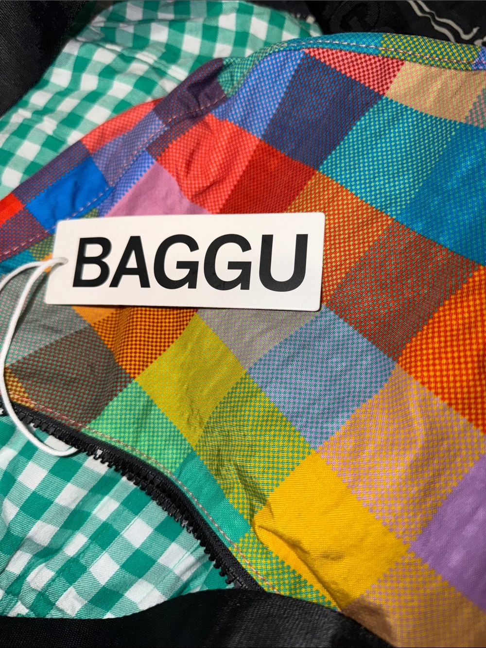 BAGGU crescent Rainbow Madras Checkered Tote with Bright Multicolor Squares